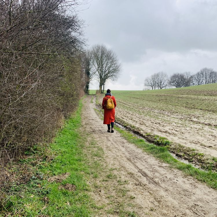 Jenneke wandelt langs nog dorre velden in Spaubeek